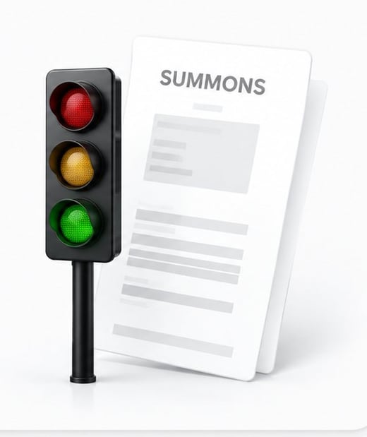 Traffic light beside a summons document