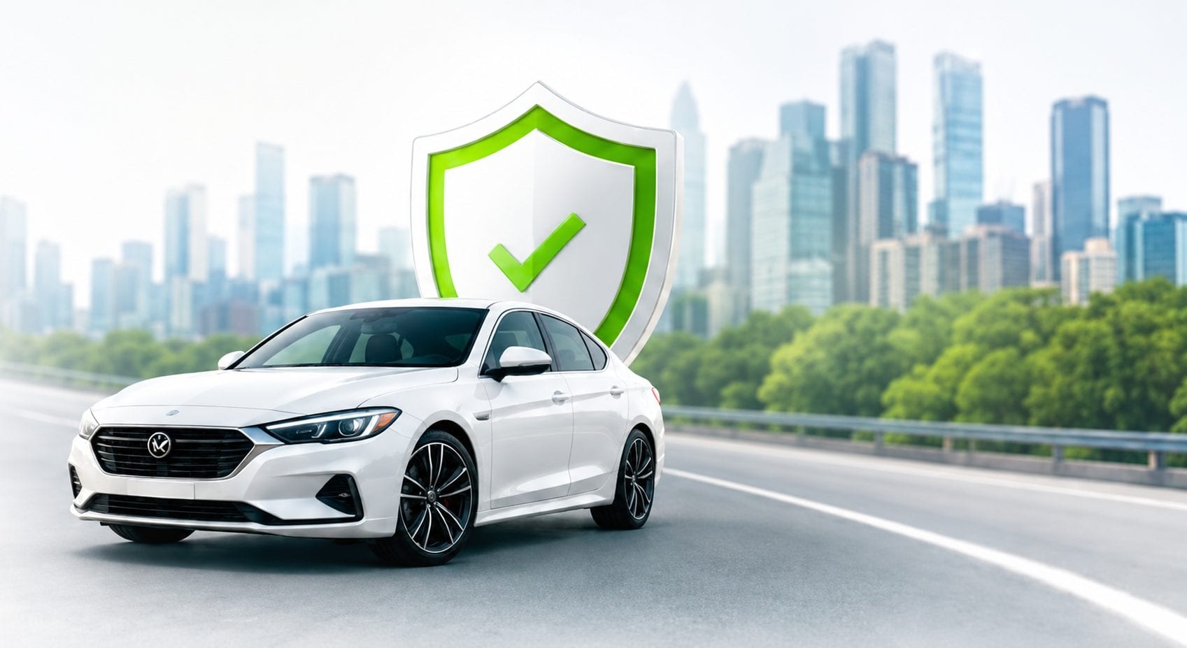 White sedan with green protection shield on a city highway